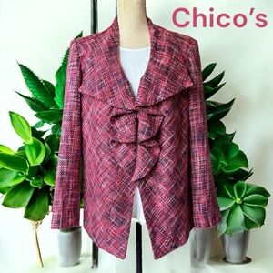 Chico’s-Chic mixed berry woven tweed ruffle front blazer. Size 12/14. Like new!